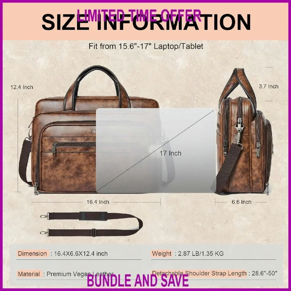 17 Inch Leather Laptop Messenger Bag Water-Resistant Large Shoulder Satchel